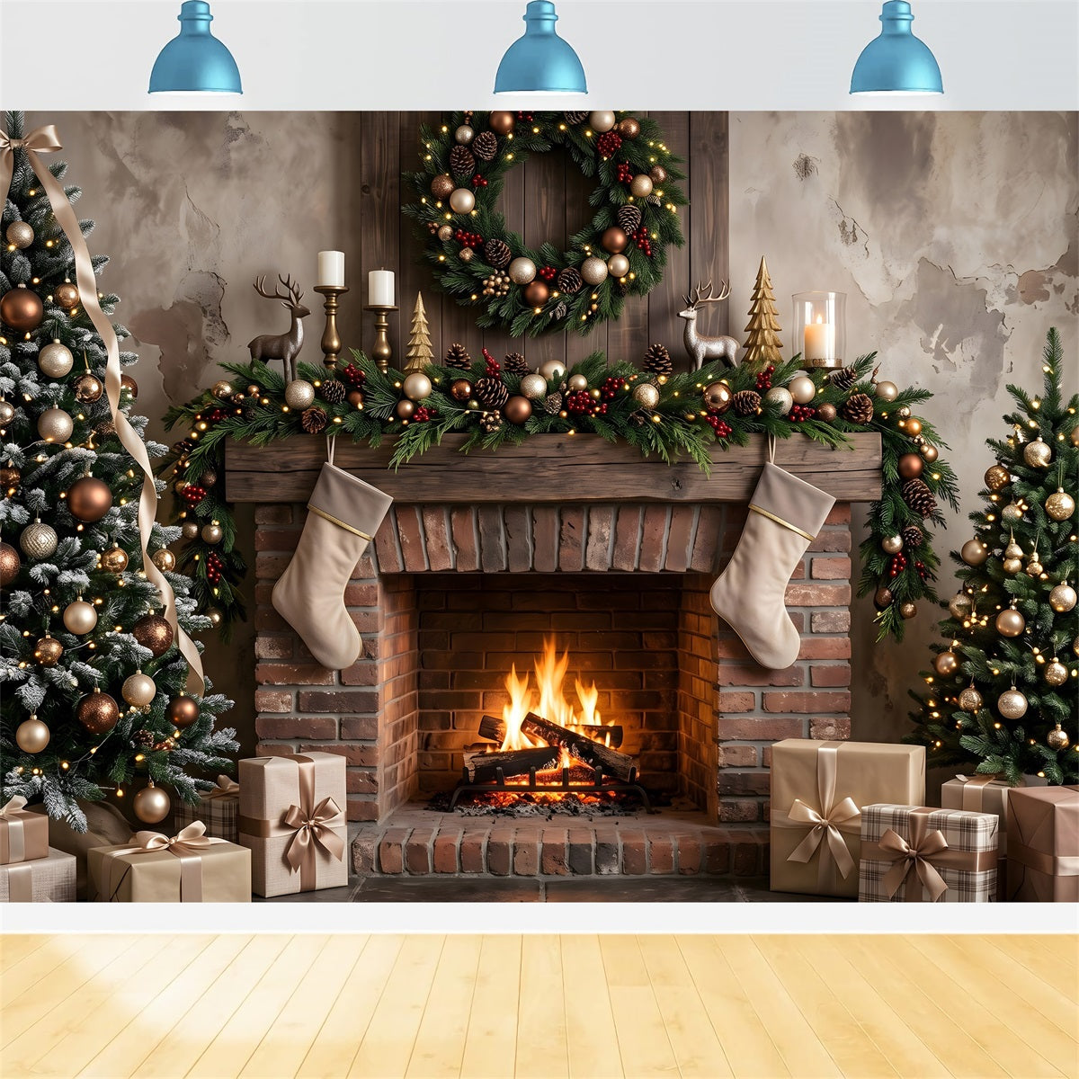 Christmas Fireplace Photo Backdrop Neutral Brick Stockings Trees Christmas Backdrops UK CEM65-177