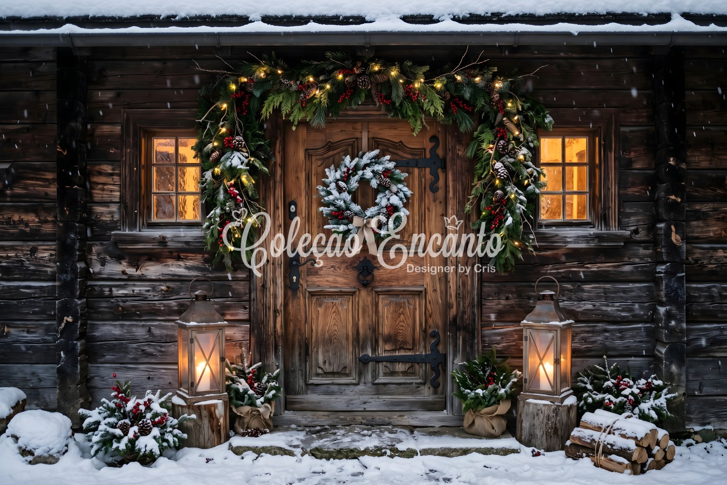 Backdrops For Christmas Photos Snowy Rustic Cabin Door Lanterns Studio Backdrops Christmas Backdrop UK CEM65-178