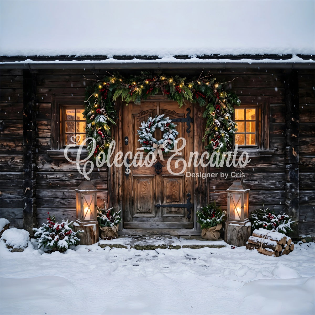 Backdrops For Christmas Photos Snowy Rustic Cabin Door Lanterns Studio Backdrops Christmas Backdrop UK CEM65-178