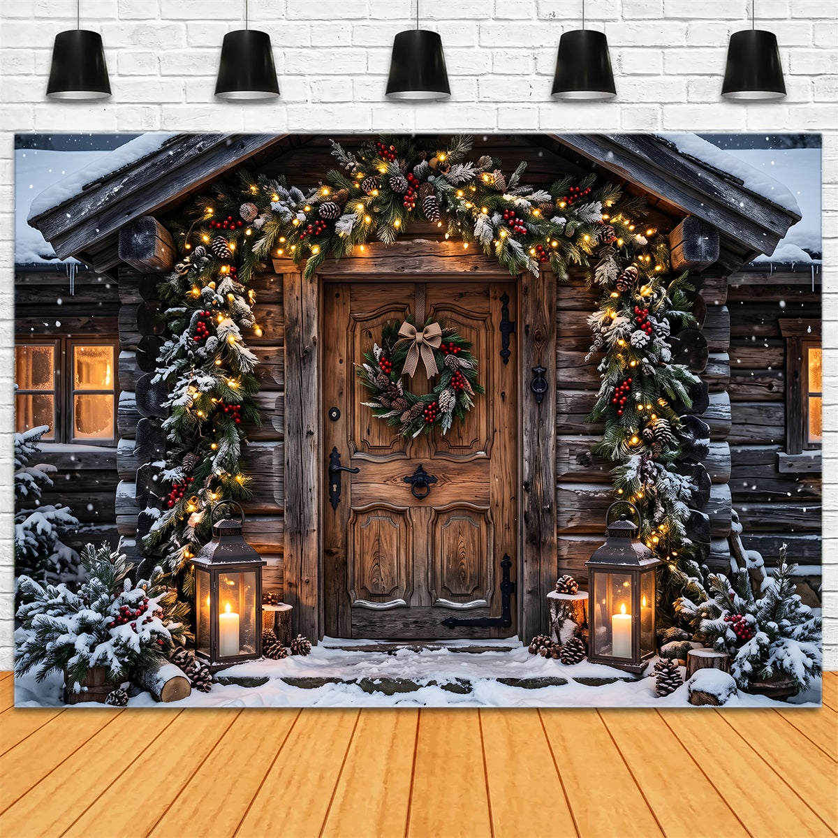 Christmas Village Backdrop Ideas Frosted Log Cabin Garland Entrance Photography Christmas Backdrop UK CEM65-179