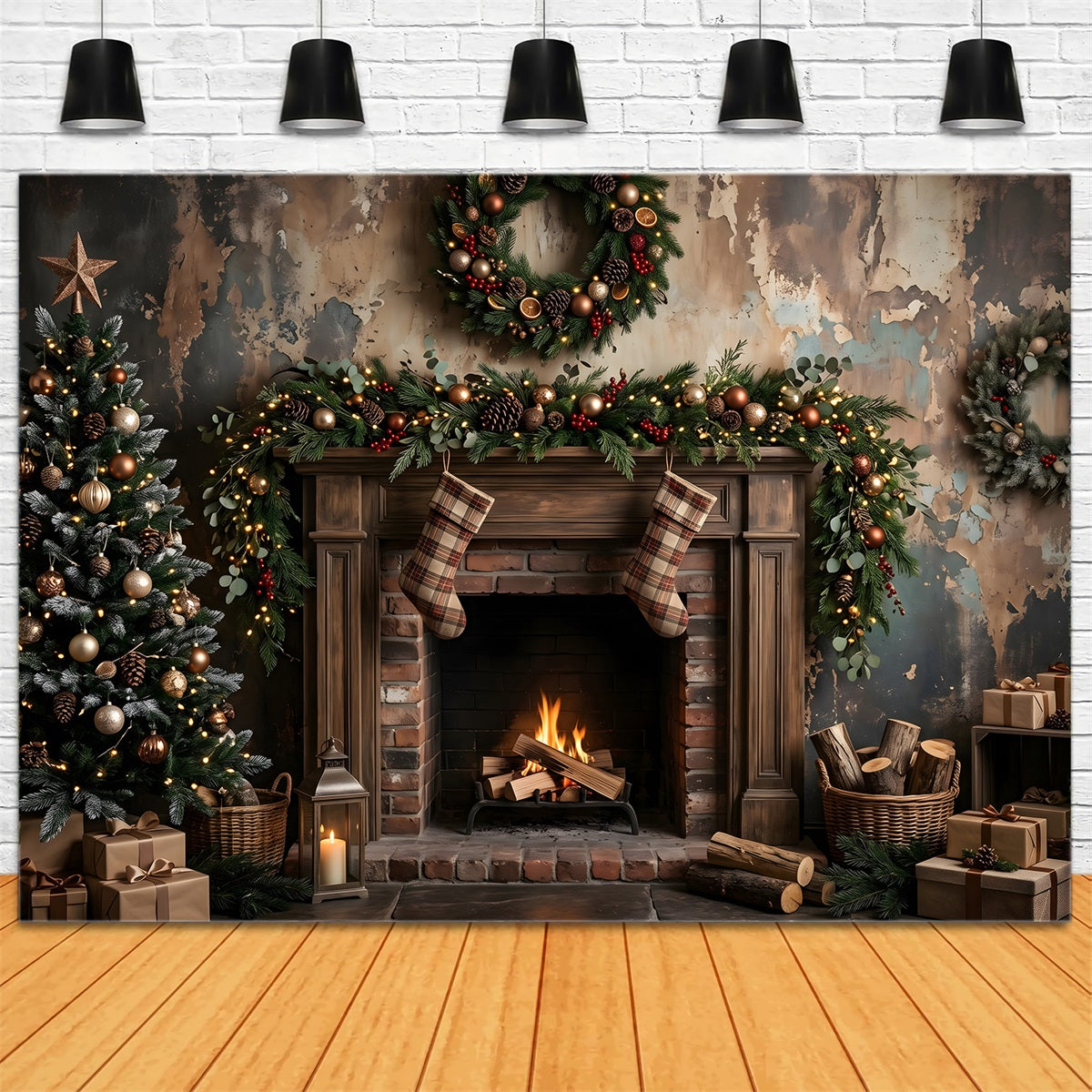 Christmas Fireplace Backdrops Moody Rustic Fireplace Stockings Christmas Photobooth Backdrop UK CEM65-180