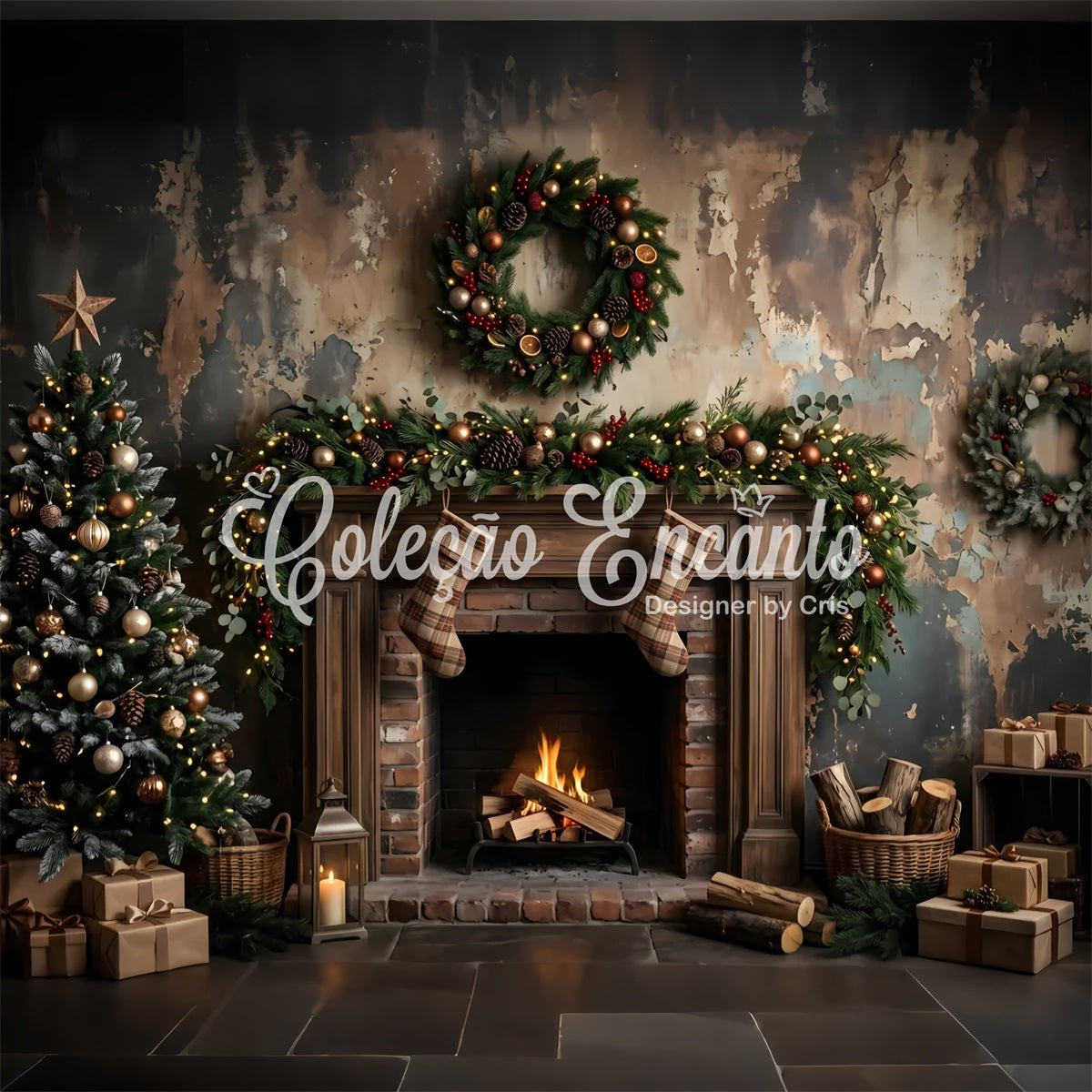 Christmas Fireplace Backdrops Moody Rustic Fireplace Stockings Christmas Photobooth Backdrop UK CEM65-180