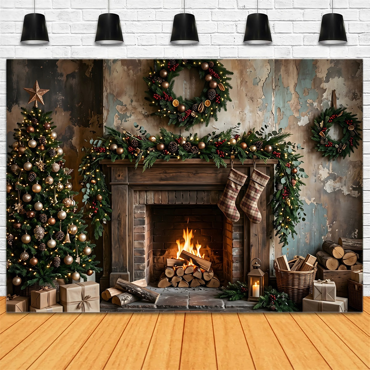 Christmas Backdrop Distressed Rustic Fireplace Plaid Stockings Christmas Backdrop For Photoshoot UK CEM65-181