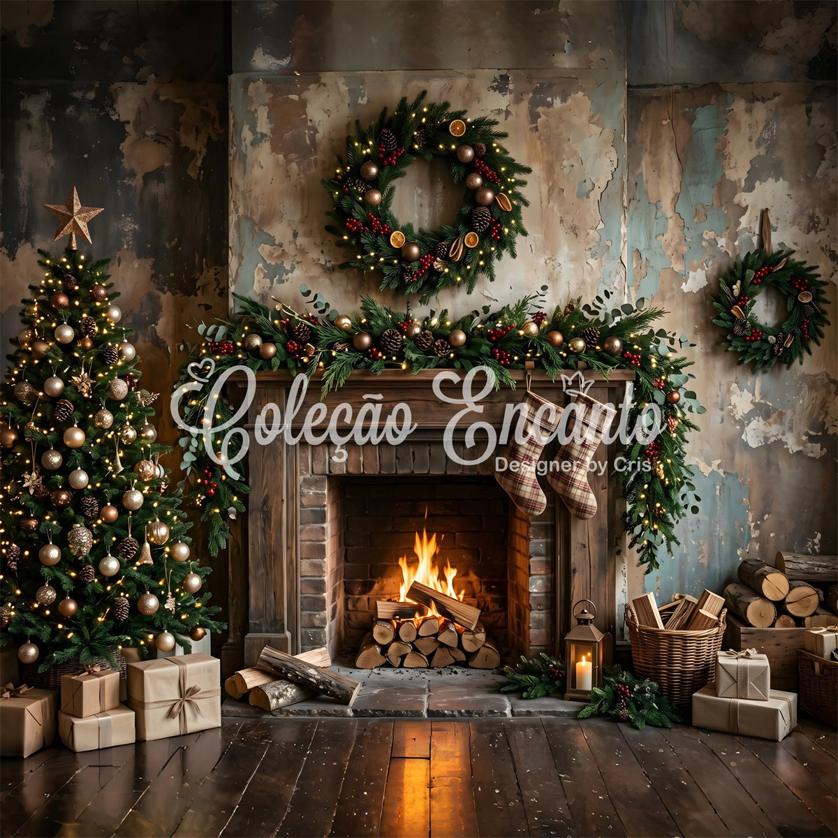 Christmas Backdrop Distressed Rustic Fireplace Plaid Stockings Christmas Backdrop For Photoshoot UK CEM65-181