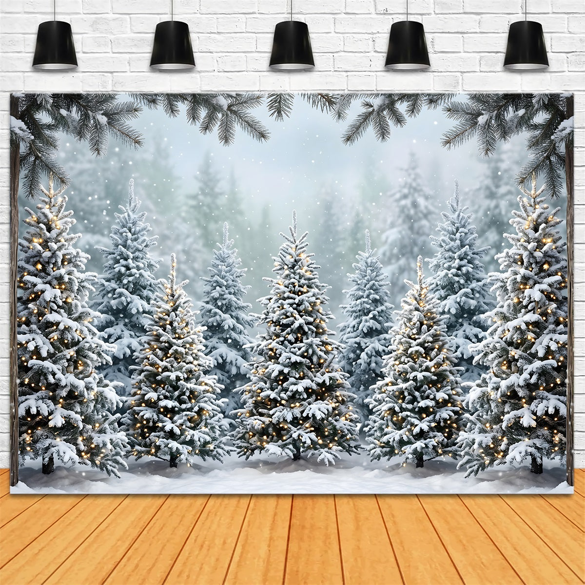 Christmas Forest Backdrop Snowy Fir Forest Warm Lights Backdrop Christmas Photo Booth UK CEM65-182