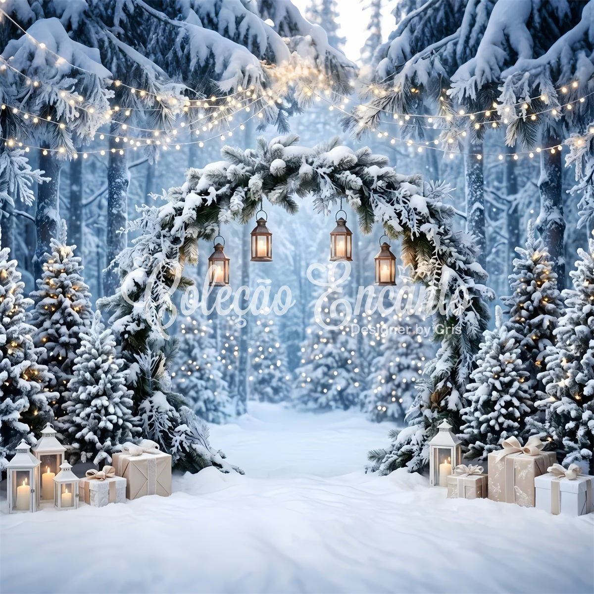 Christmas Wonderland Backdrop Frosted Pine Arch Hanging Lanterns Christmas Studio Backdrop UK CEM65-183