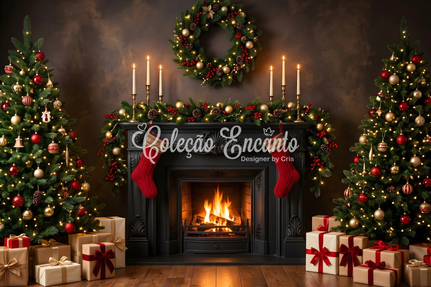 Best Christmas Backdrops Black Fireplace Candles Stockings Christmas Backdrop Photoshoot UK CEM65-184