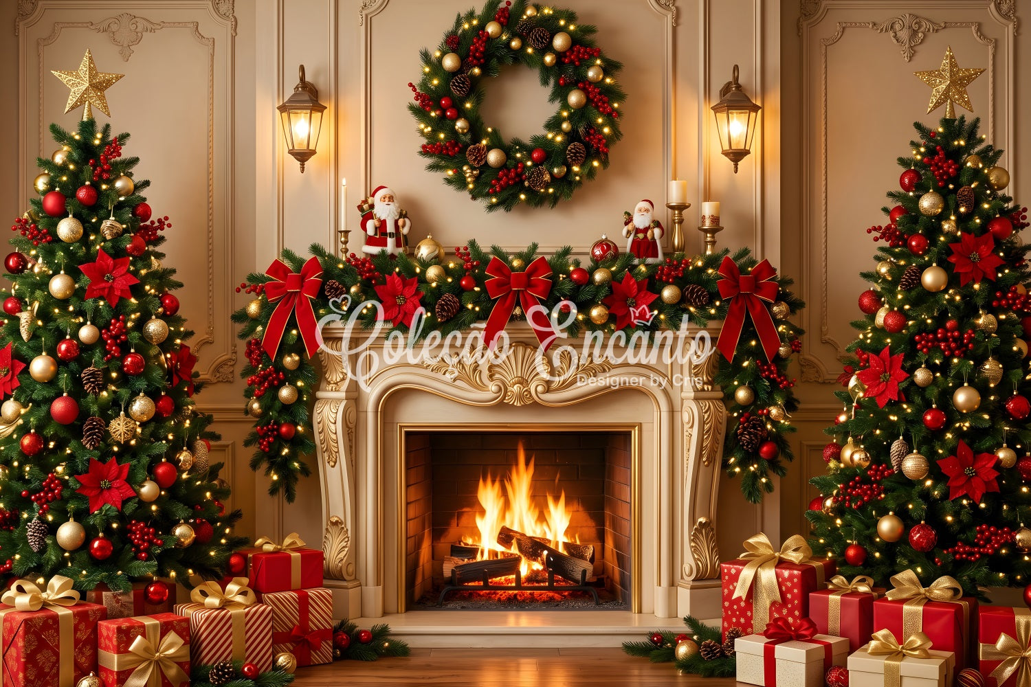 Christmas Backdrop Golden Ornate Fireplace Wreath Trees Best Christmas Photo Backdrops UK CEM65-185