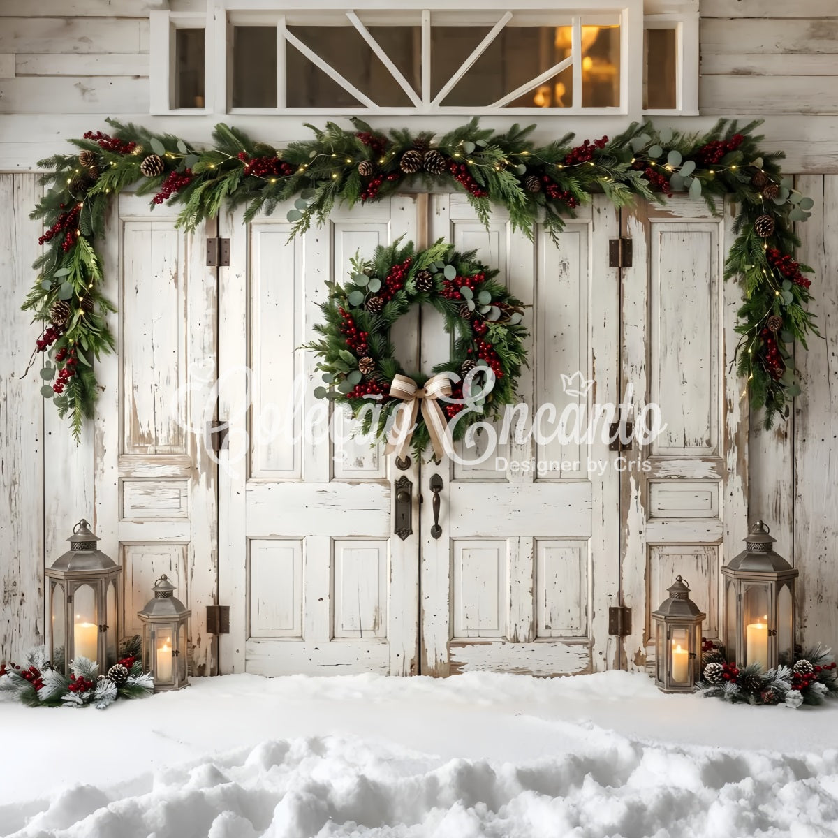10x20 Christmas Backdrop Vintage White Door Bow Wreath Christmas Photo Booth Backdrops UK CEM65-187