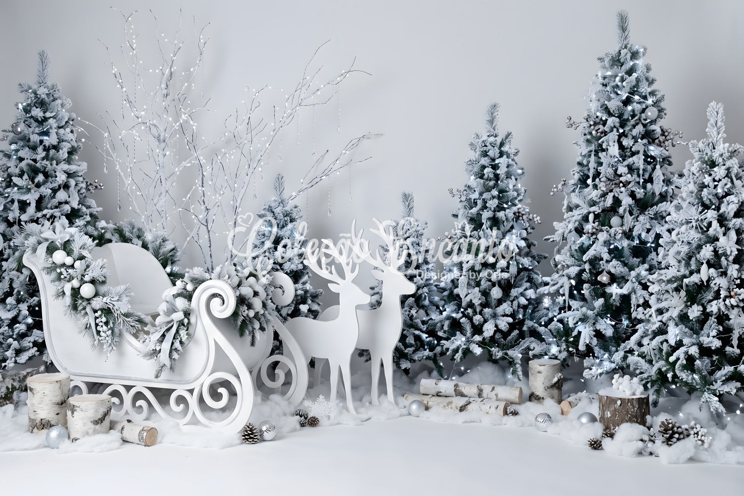 Christmas Winter Backdrop Crystal White Sleigh Reindeer Forest Christmas Backdrops UK CEM65-189