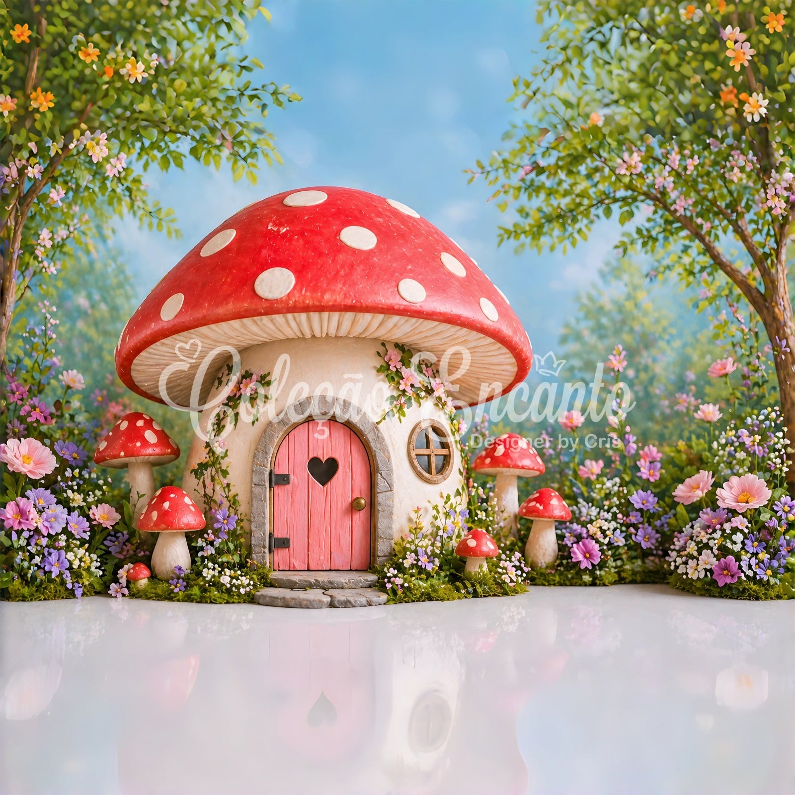 Backdrop for Kids Photoshoot Enchanted Mushroom House Flower Newborn Photo Backdrops UK CEM65-19