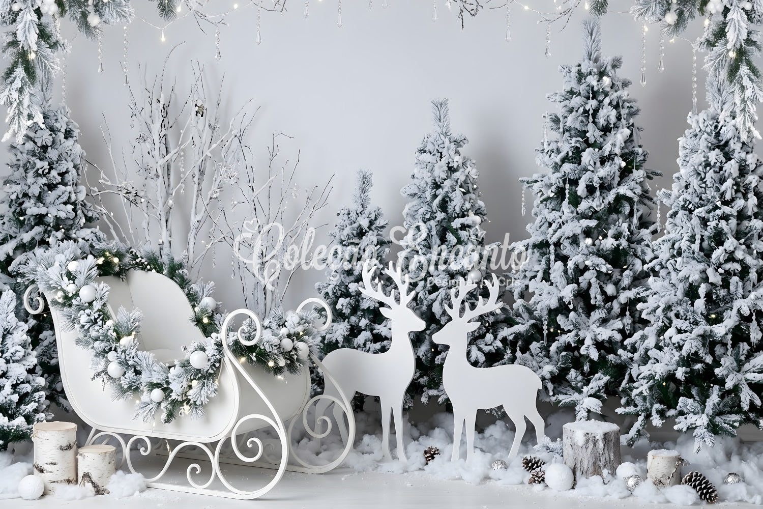 White Christmas Backdrop Frosted White Sleigh Reindeer Woodland Christmas Photo Backdrop UK CEM65-190