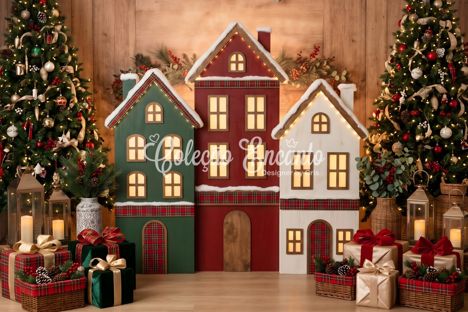 Christmas Ornament Backdrop Plaid Village Houses Glowing Trees Christmas Backdrop For Photos UK CEM65-191