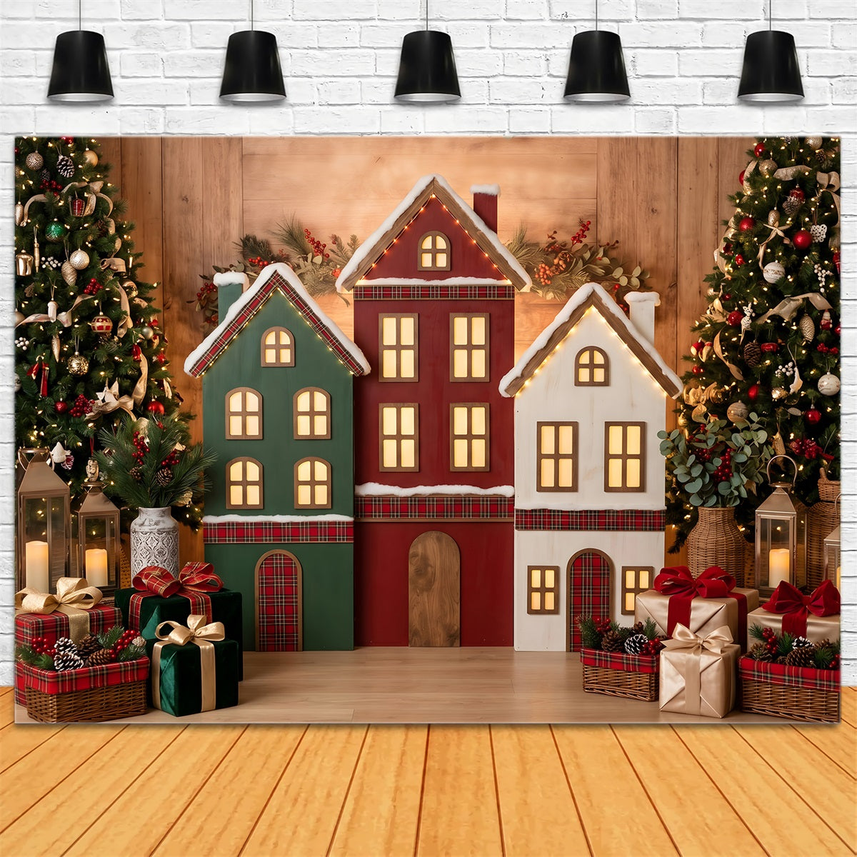 Christmas Ornament Backdrop Plaid Village Houses Glowing Trees Christmas Backdrop For Photos UK CEM65-191