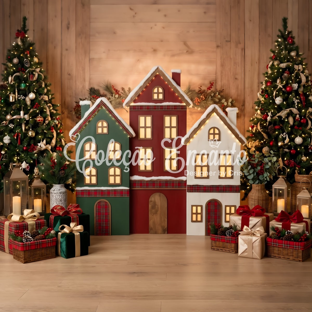 Christmas Ornament Backdrop Plaid Village Houses Glowing Trees Christmas Backdrop For Photos UK CEM65-191