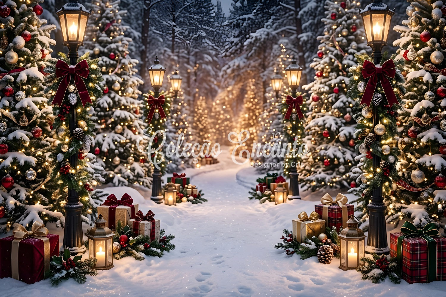 Christmas Backdrop Outdoor Snowy Lantern Forest Gift Path Christmas Photo Backdrops UK CEM65-193