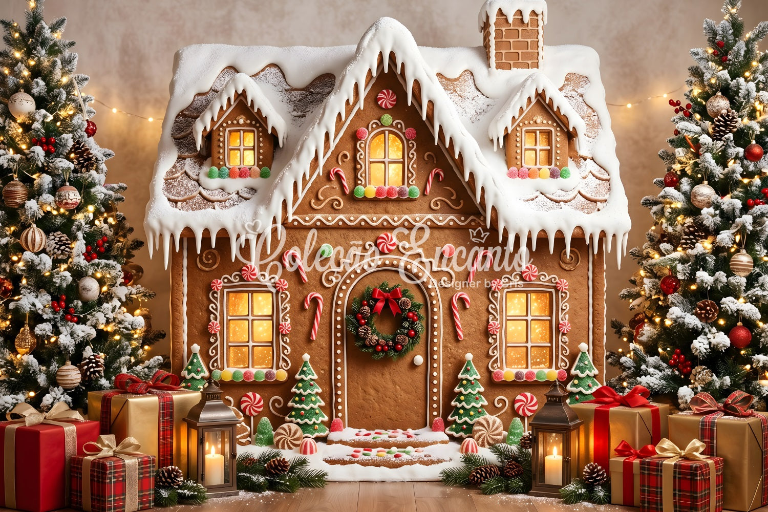 Gingerbread Christmas Backdrop Snowy Gingerbread Cottage Gift Christmas Photography Backdrops UK CEM65-198