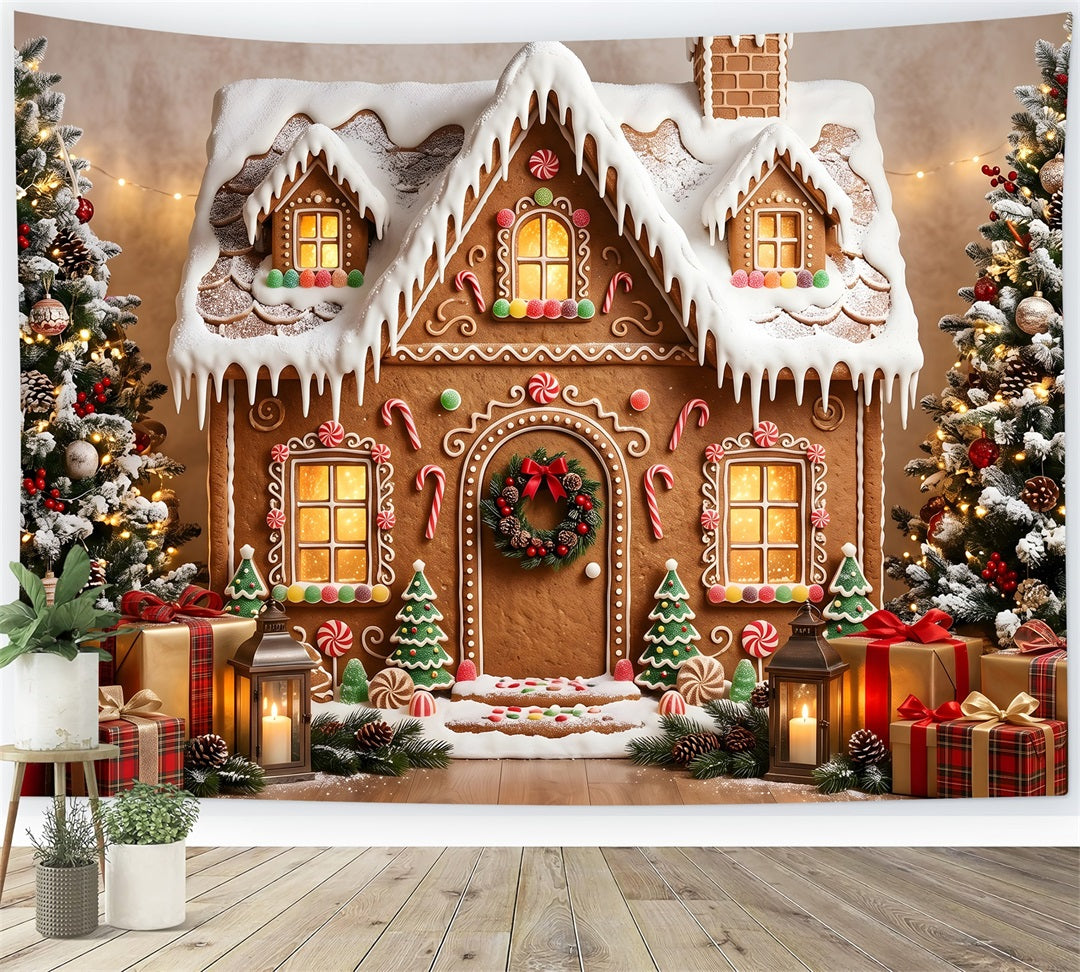 Gingerbread Christmas Backdrop Snowy Gingerbread Cottage Gift Christmas Photography Backdrops UK CEM65-198