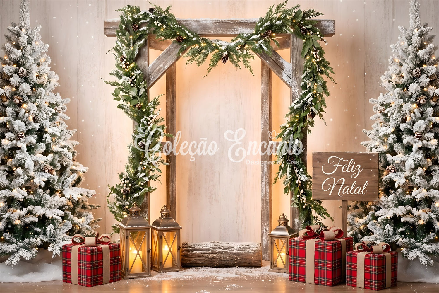 Simple Christmas Backdrop Frosted Wooden Arch Lantern Photo Backdrop Christmas UK CEM65-203