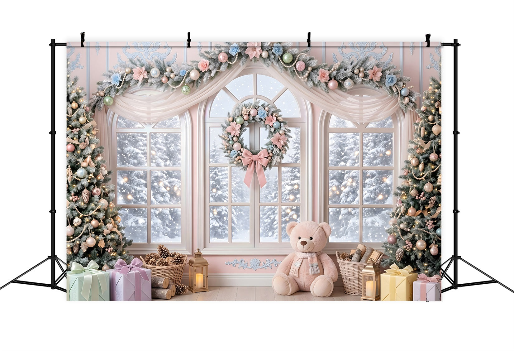 Pink Christmas Backdrop Pastel Floral Window Teddy Christmas Backdrop Design UK CEM65-204