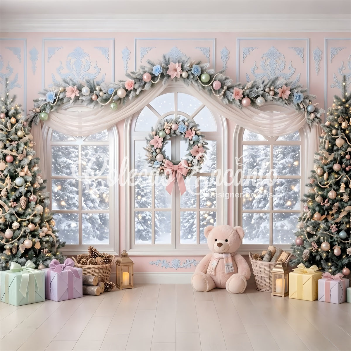 Pink Christmas Backdrop Pastel Floral Window Teddy Christmas Backdrop Design UK CEM65-204