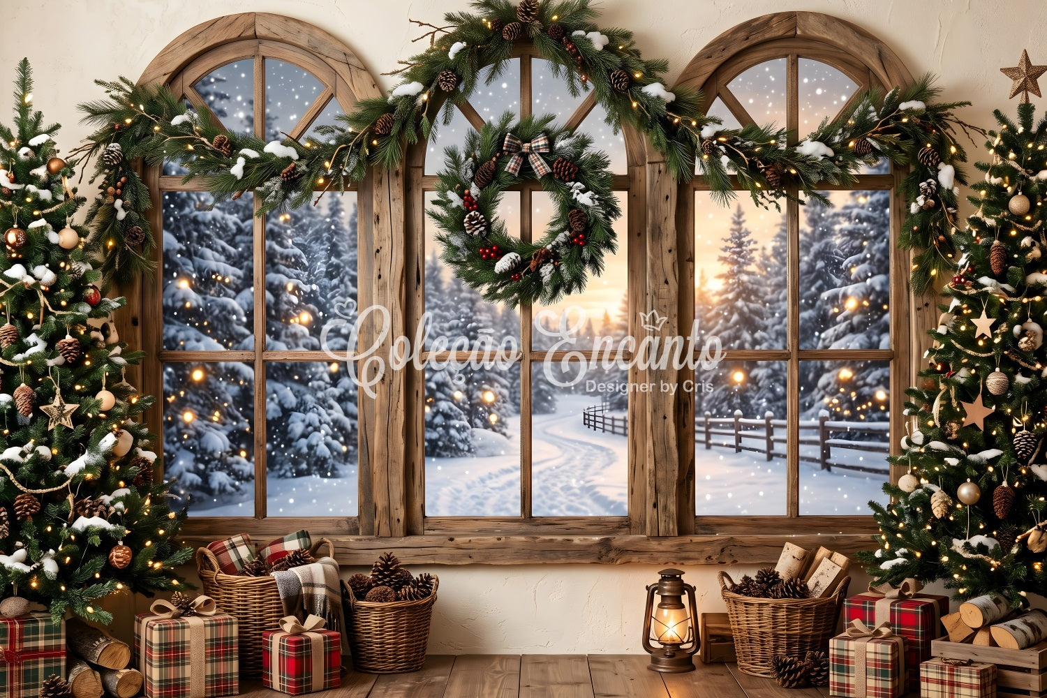 Rustic Christmas Backdrop Rustic Snowy Window Wreath Photography Christmas Backdrops UK CEM65-207