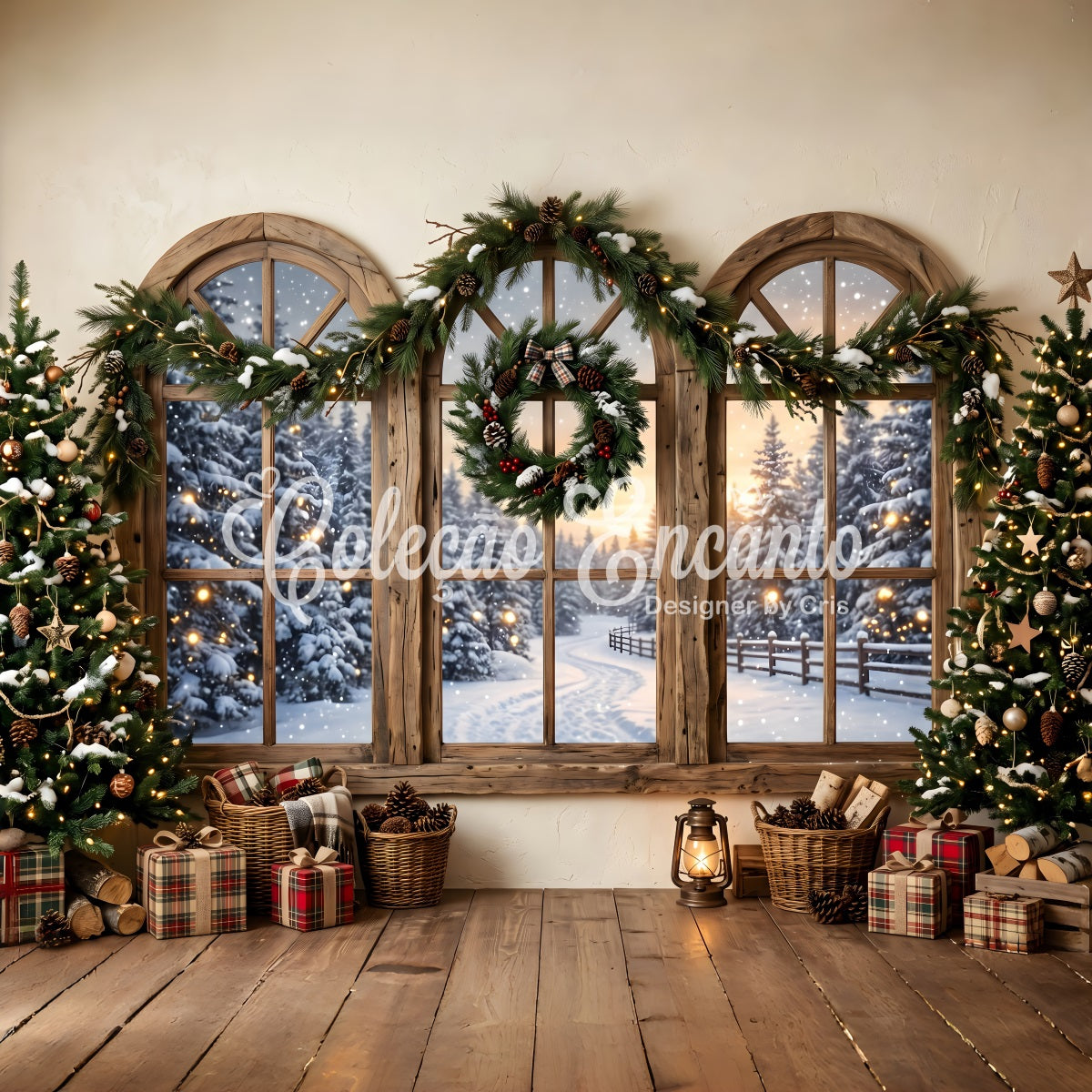 Rustic Christmas Backdrop Rustic Snowy Window Wreath Photography Christmas Backdrops UK CEM65-207
