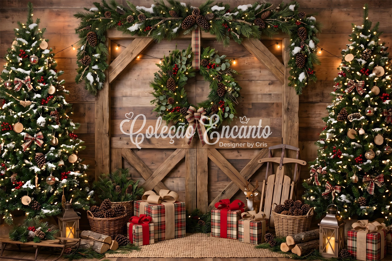 Christmas Scene Backdrops Rustic Barn Wreath Sled Christmas Photoshoot Backdrop UK CEM65-208