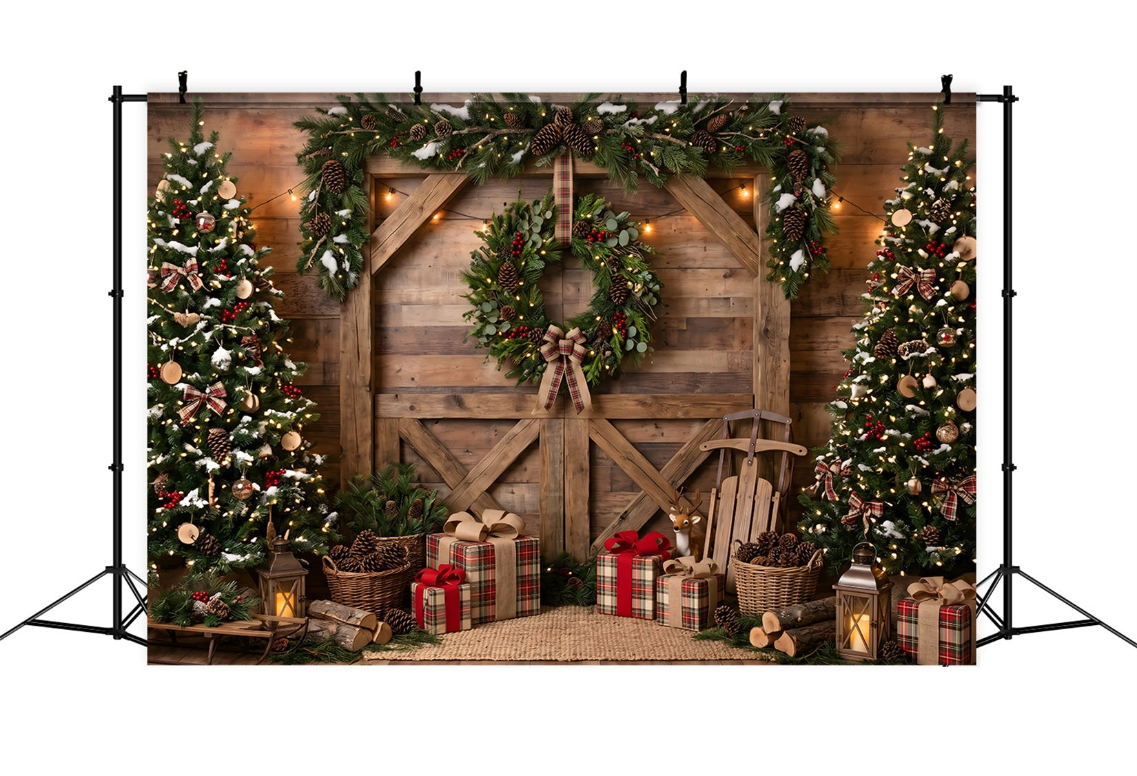 Christmas Scene Backdrops Rustic Barn Wreath Sled Christmas Photoshoot Backdrop UK CEM65-208