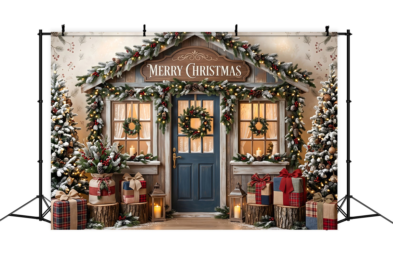Christmas Shop Backdrop Rustic Blue Door Wreath Christmas Backdrop For Pictures UK CEM65-209