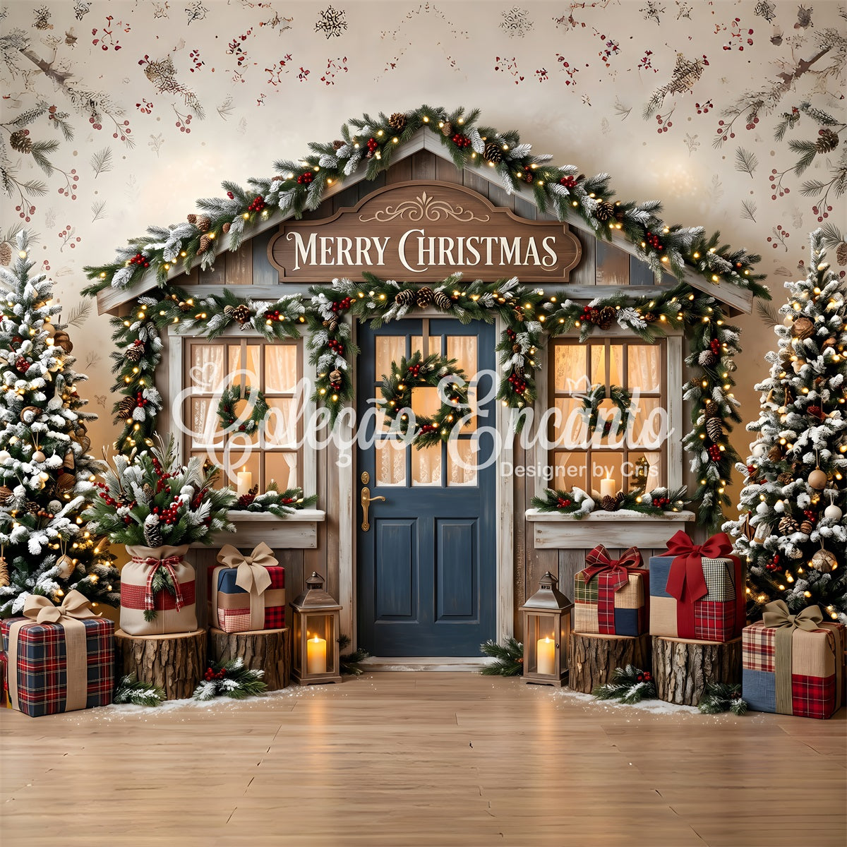 Christmas Shop Backdrop Rustic Blue Door Wreath Christmas Backdrop For Pictures UK CEM65-209