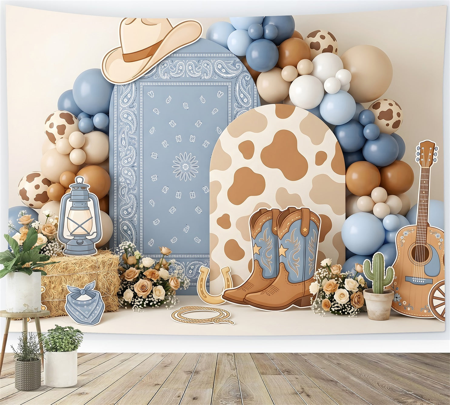 Kids Backdrop Ideas Blue Cowgirl Western Balloon Newborn Photoshoot Backdrop UK CEM65-24
