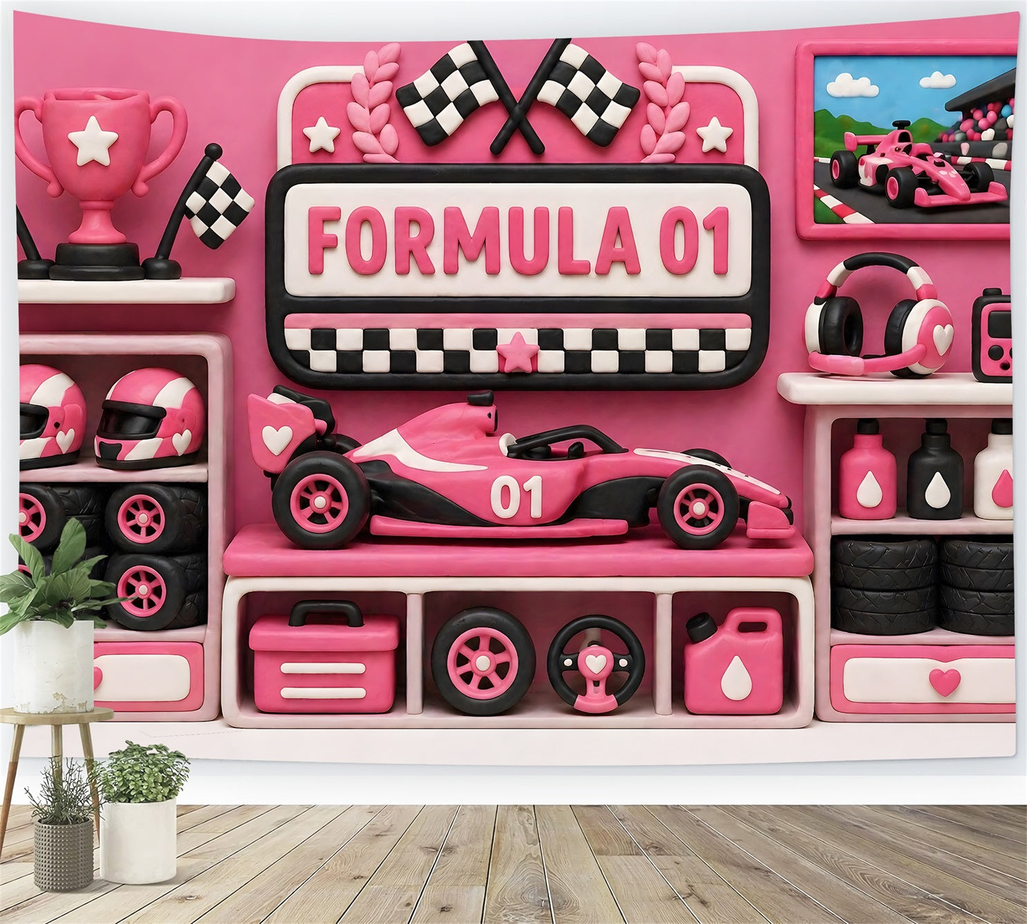 Photo Backdrops for Kids Pink Racing Trophy Garage Newborn Backdrops UK CEM65-25