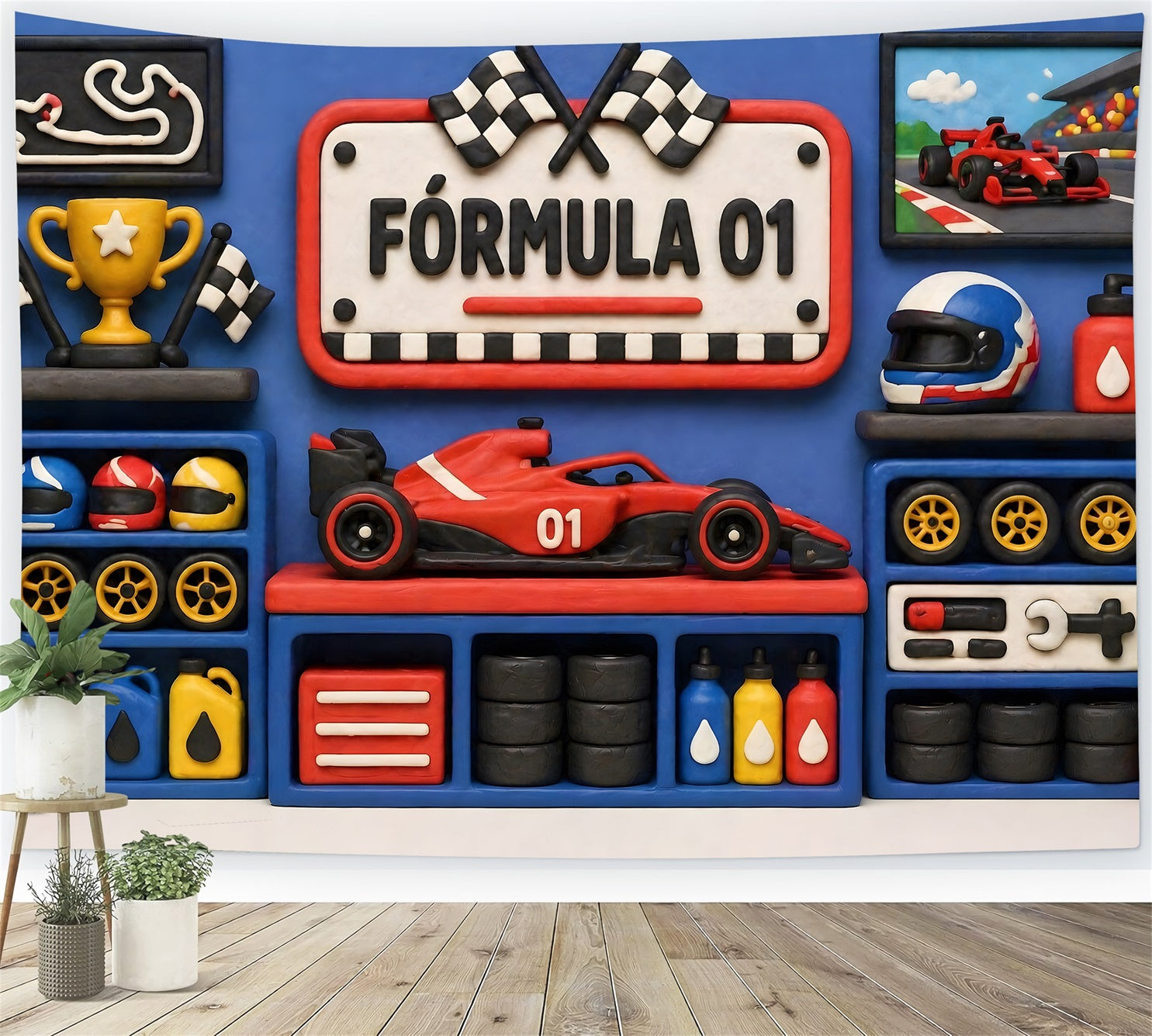 Children's Backdrop Blue Racing Trophy Garage Wall Newborn Photography Fabric Backdrops UK CEM65-27