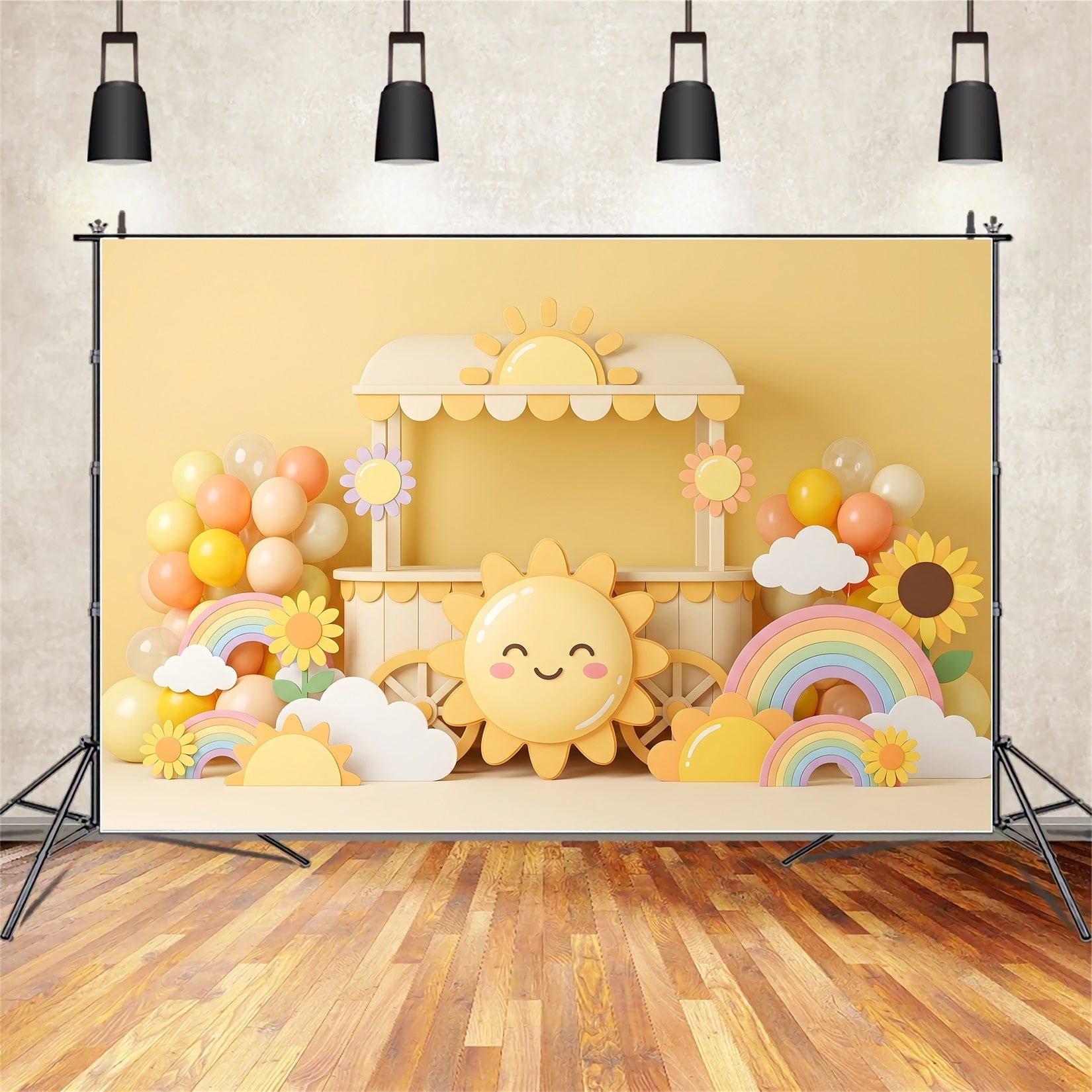 Newborn Photography Backdrop Sunshine Rainbow Balloon Cart Backdrops for Kids Photography UK CEM65-31