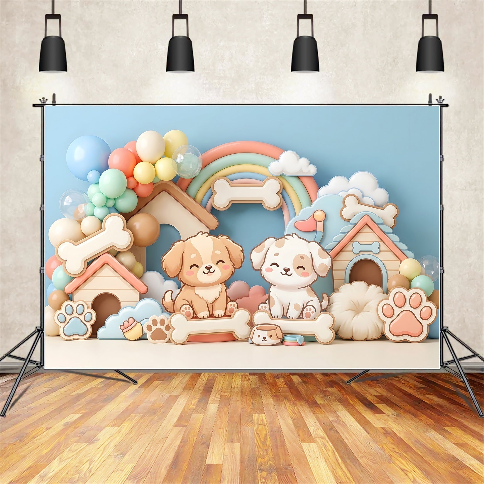 Kid Backdrop Cute Puppy Doghouse Rainbow Balloons Newborn Photography Wood Backdrop UK CEM65-32