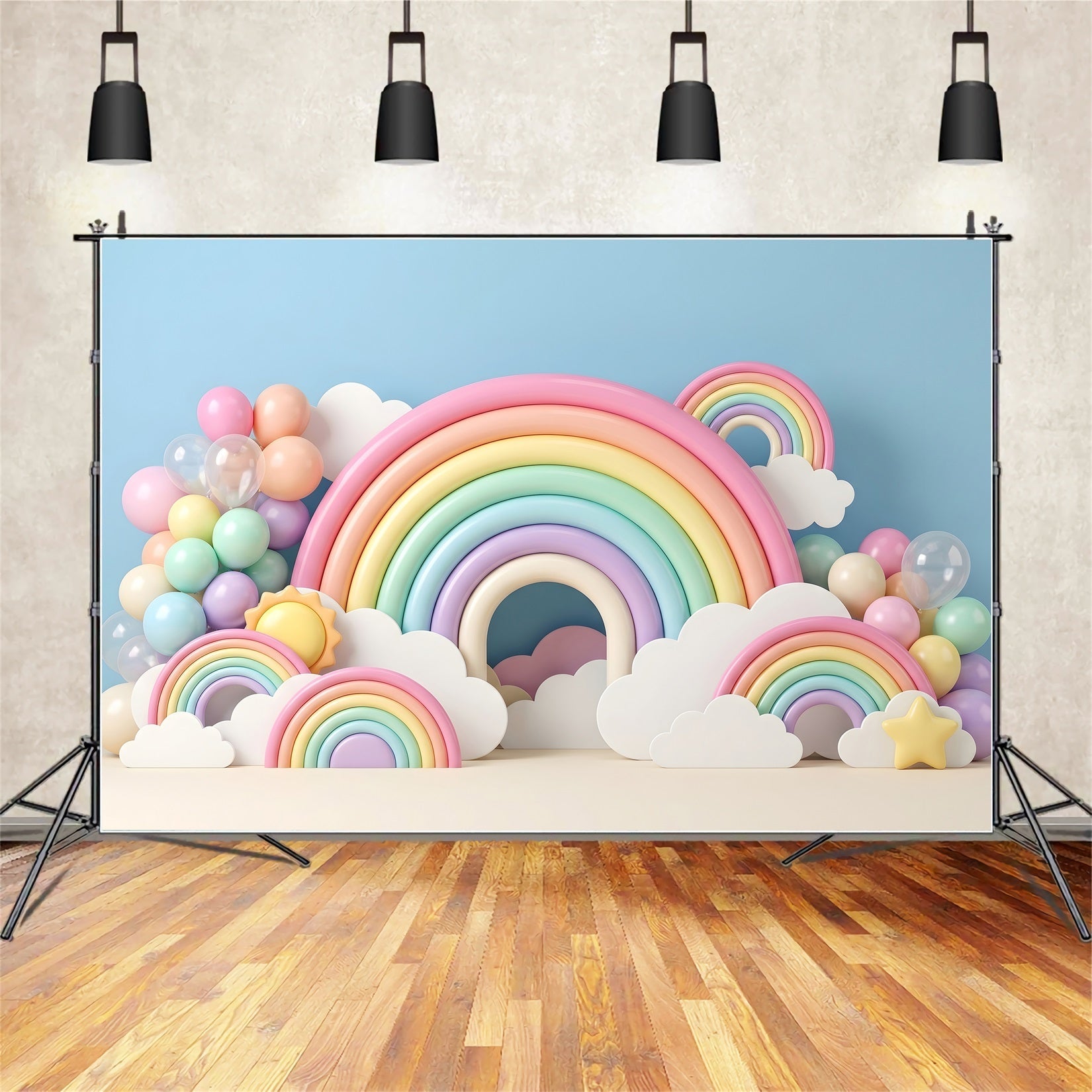 Childrens Photo Backdrops Pastel Rainbow Cloud Balloon Arch Newborn Photography Backdrop UK CEM65-34