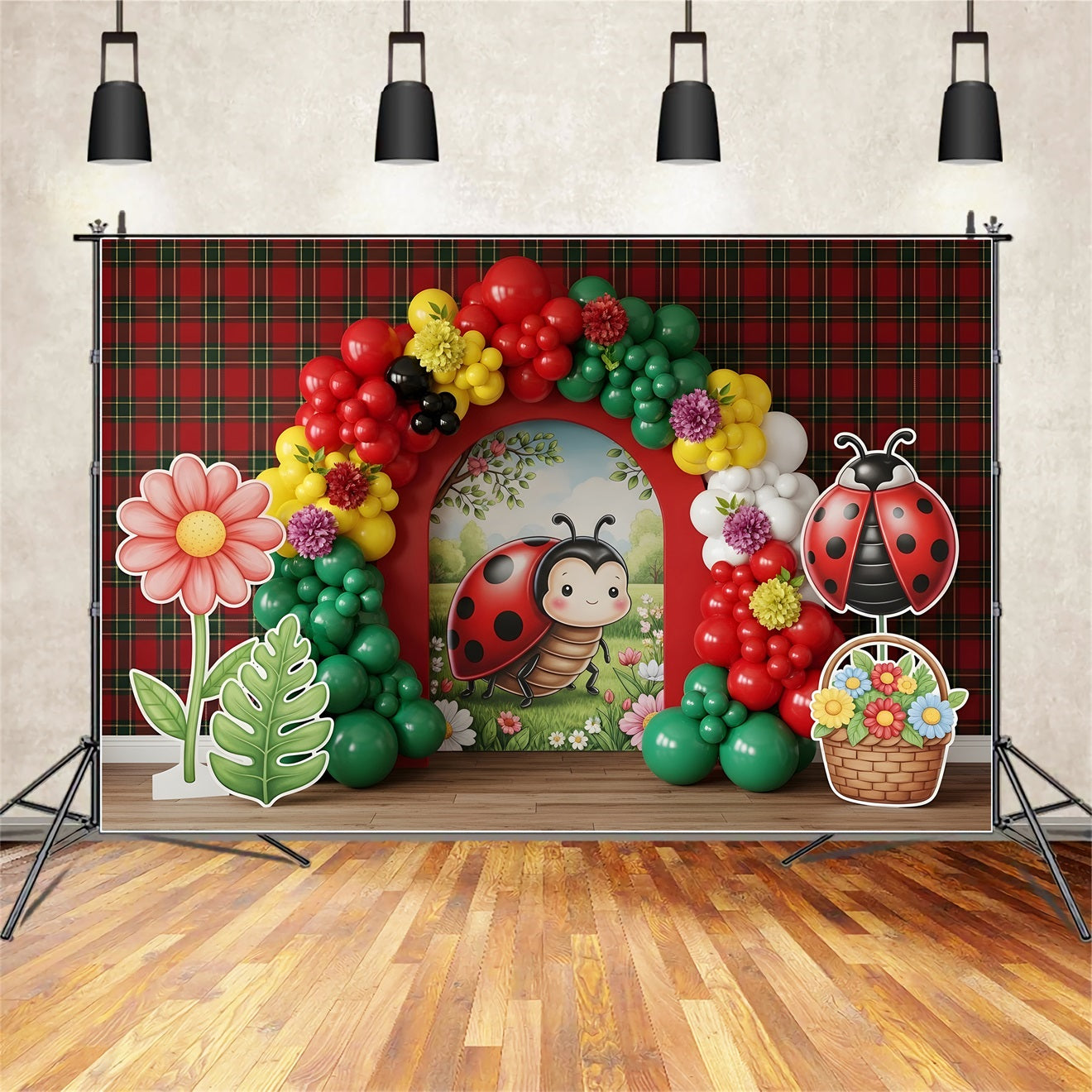 Photography Backdrops Kids Ladybug Plaid Flower Balloon Arch Newborn Fabric Backdrops UK CEM65-41