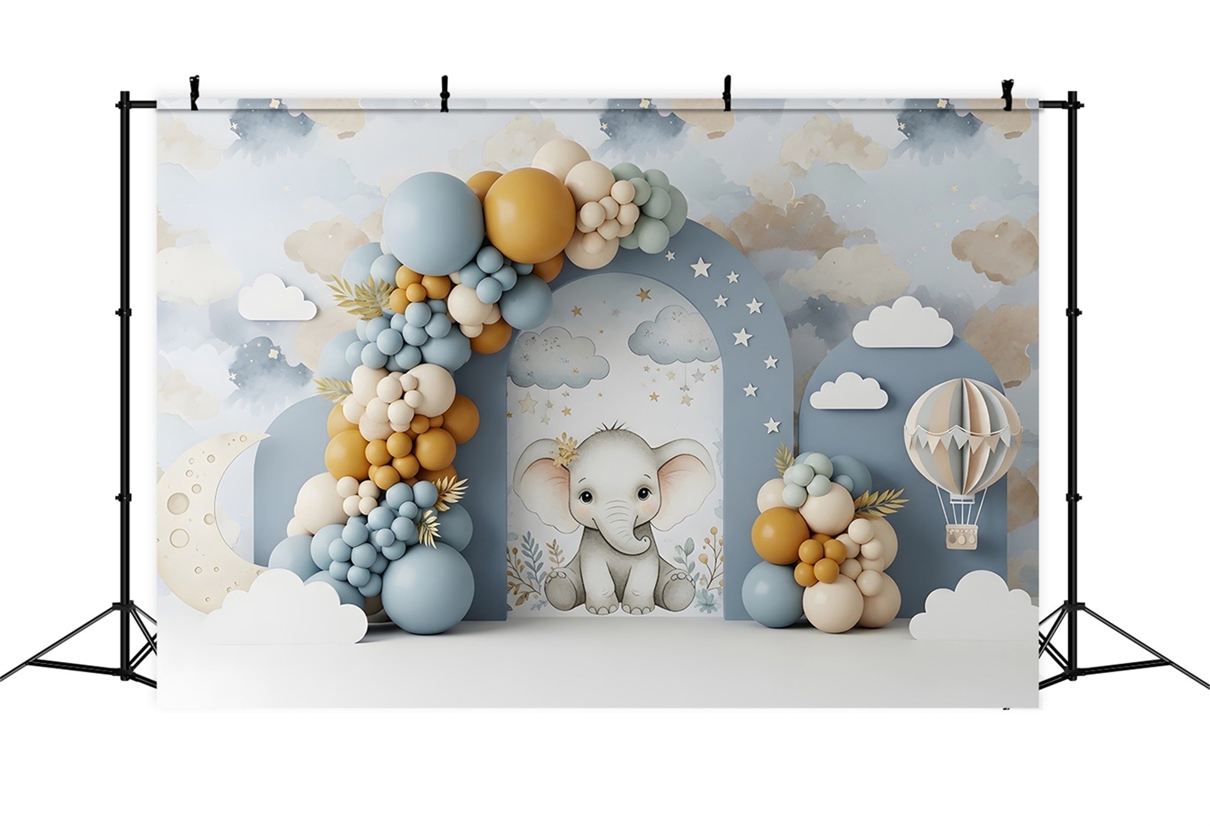 Newborn Photography Wood Backdrop Elephant Moon Cloud Balloon Arch Kid Backdrop UK CEM65-45