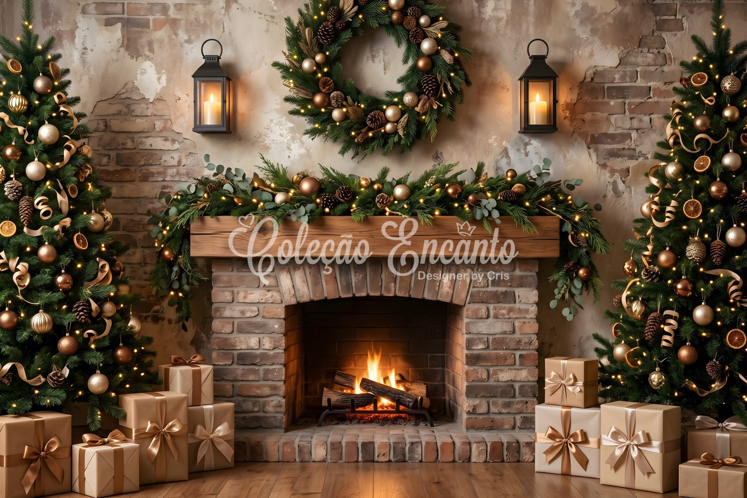 Christmas Fireplace Backdrop Rustic Wreath Lantern Trees Christmas Backdrops Photography UK CEM65-69