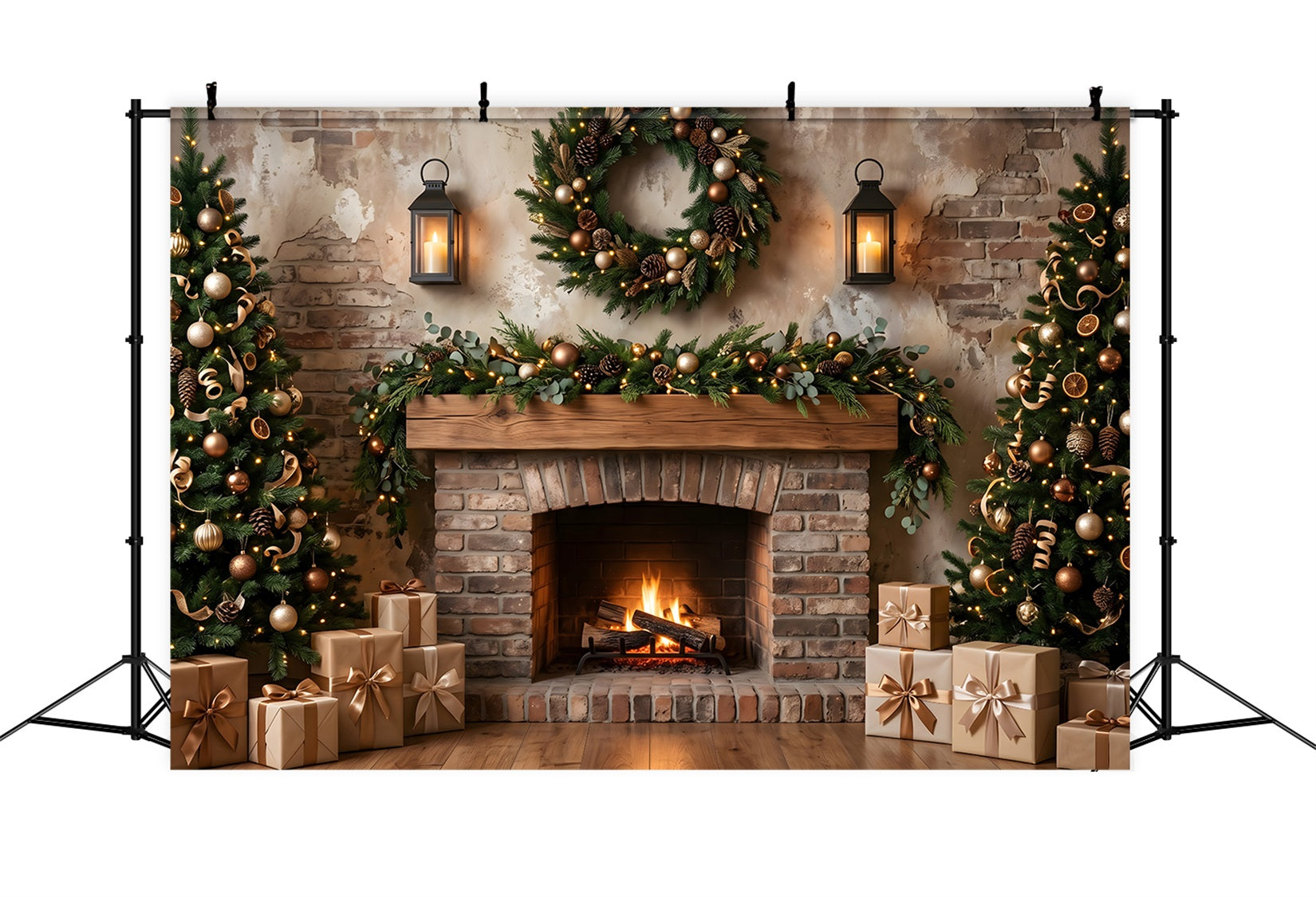 Christmas Fireplace Backdrop Rustic Wreath Lantern Trees Christmas Backdrops Photography UK CEM65-69