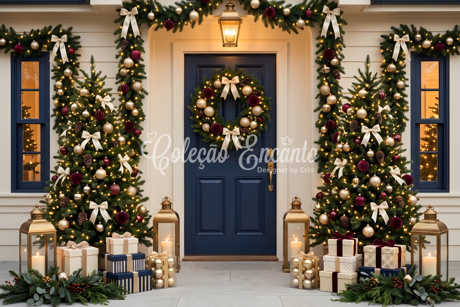 Christmas Backdrops Navy Door Garland Tree Porch Christmas Backdrop For Photography UK CEM65-70