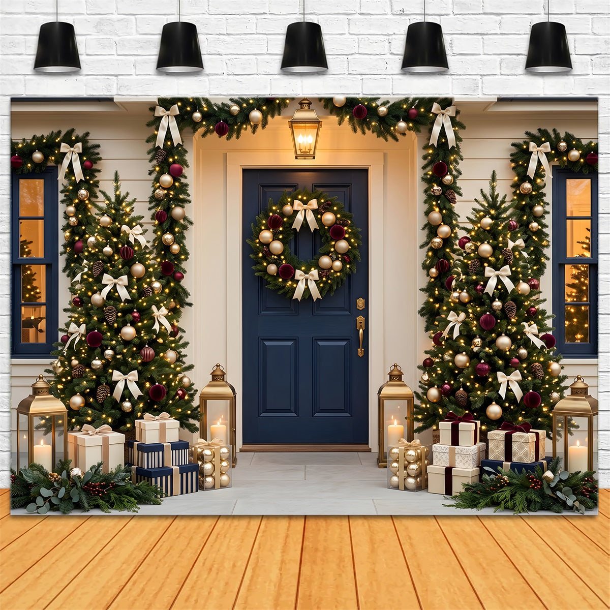 Christmas Backdrops Navy Door Garland Tree Porch Christmas Backdrop For Photography UK CEM65-70