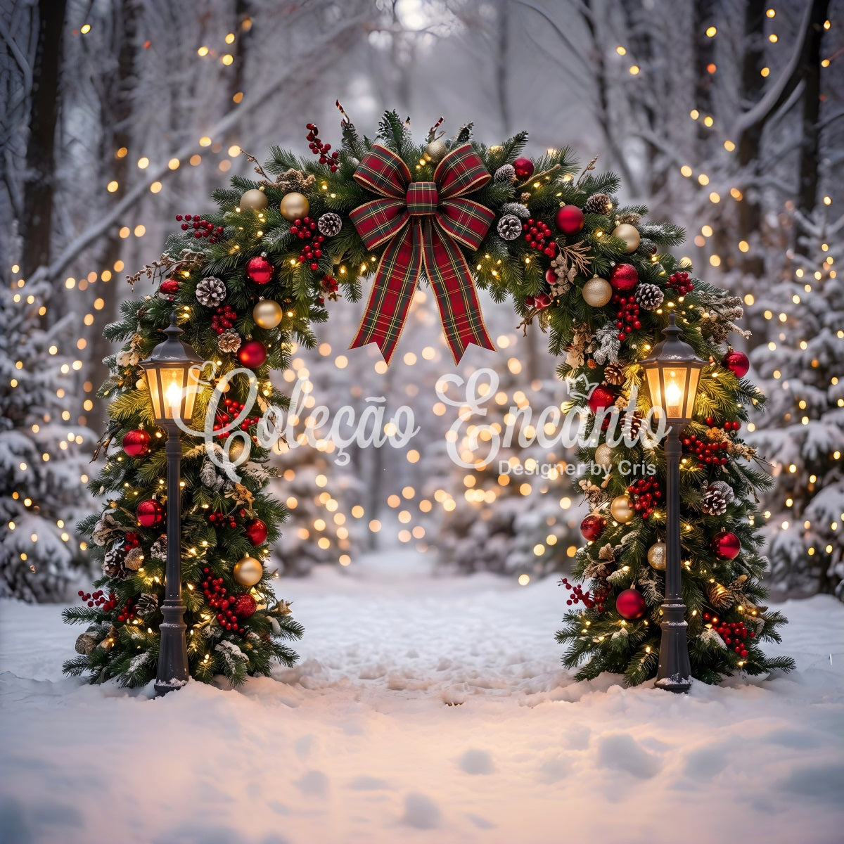 Christmas Photo Backdrop Snowy Forest Plaid Wreath Arch Photography Christmas Backdrops UK CEM65-71