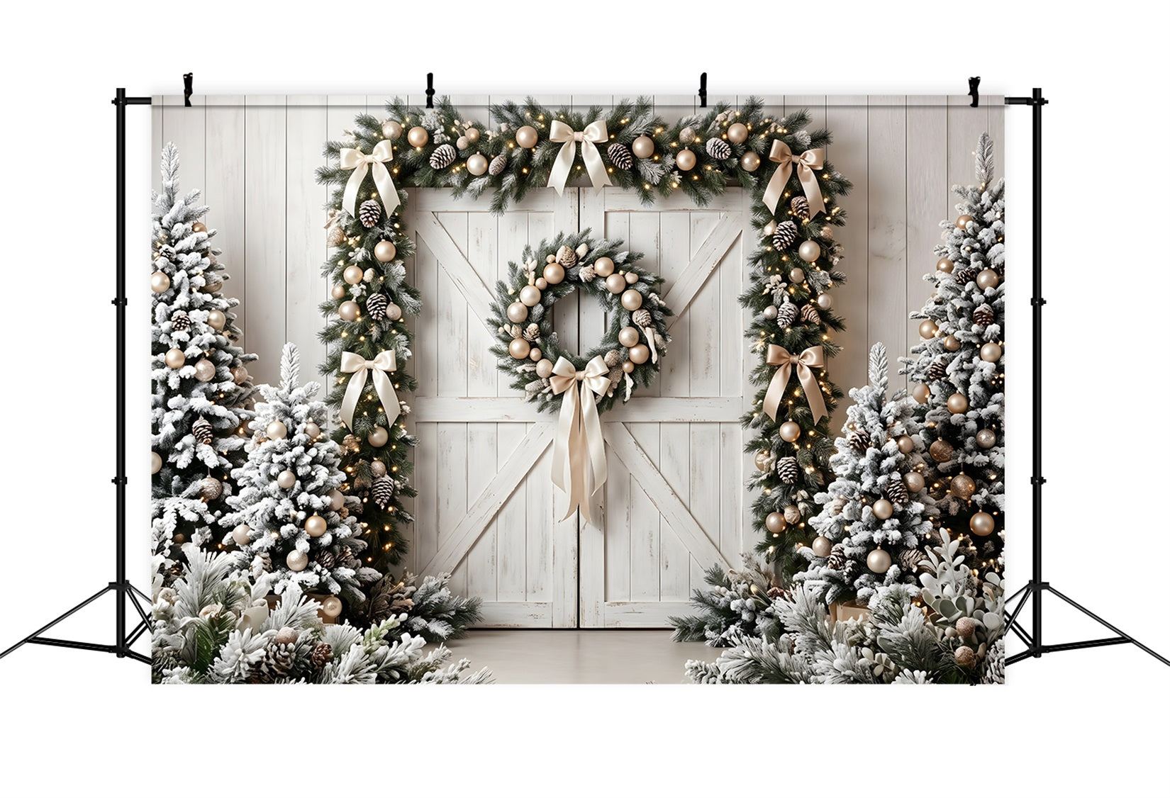 Christmas Backdrop Frosted Barn Door Evergreen Wreath Christmas Photoshoot Backdrop UK CEM65-72