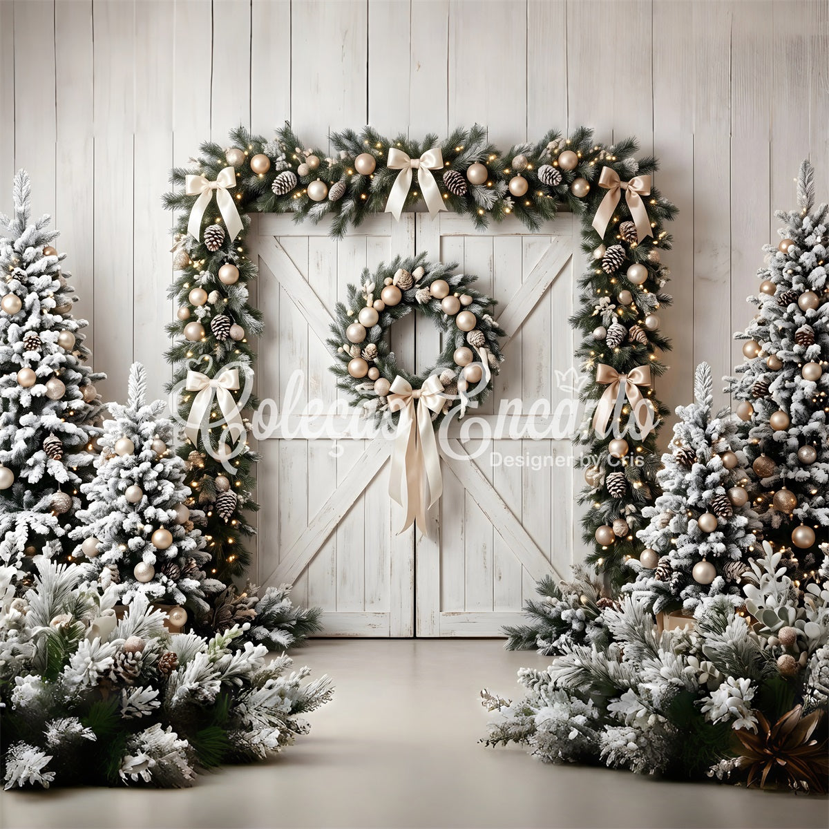 Christmas Backdrop Frosted Barn Door Evergreen Wreath Christmas Photoshoot Backdrop UK CEM65-72