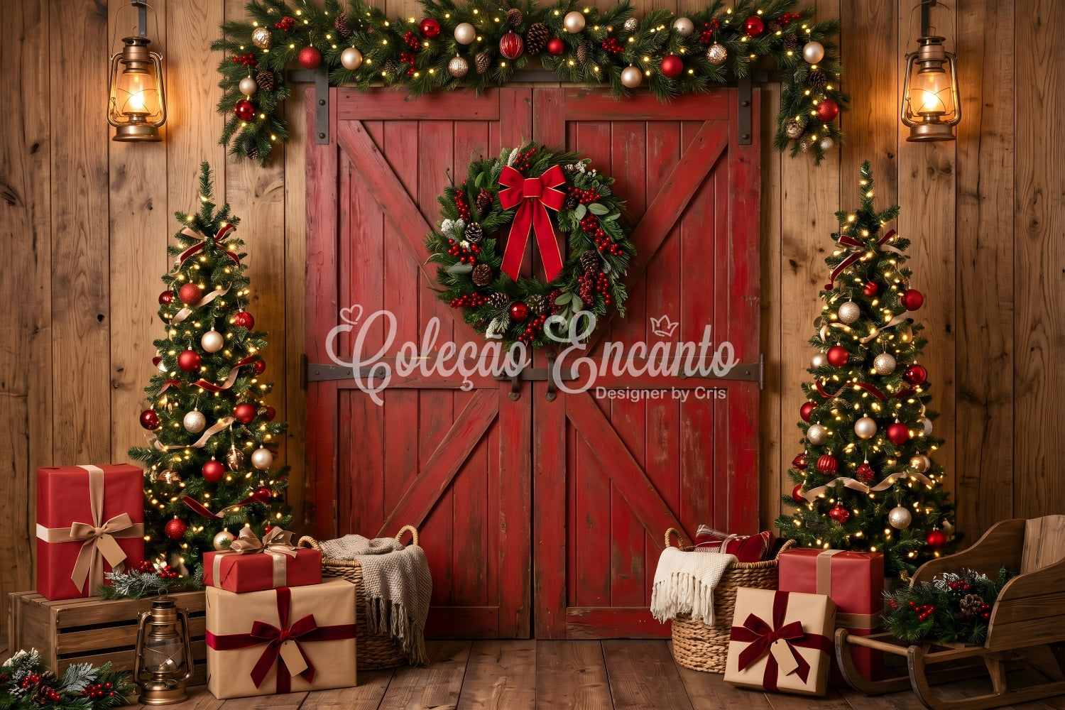 Christmas Tree Backdrop Rustic Red Barn Wreath Trees Christmas Backdrop For Pictures UK CEM65-73