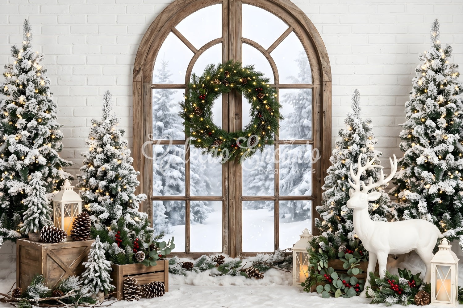 Christmas Backdrop Ideas Frosted Window Wreath Deer Trees Photo Booth Christmas Backdrop UK CEM65-74