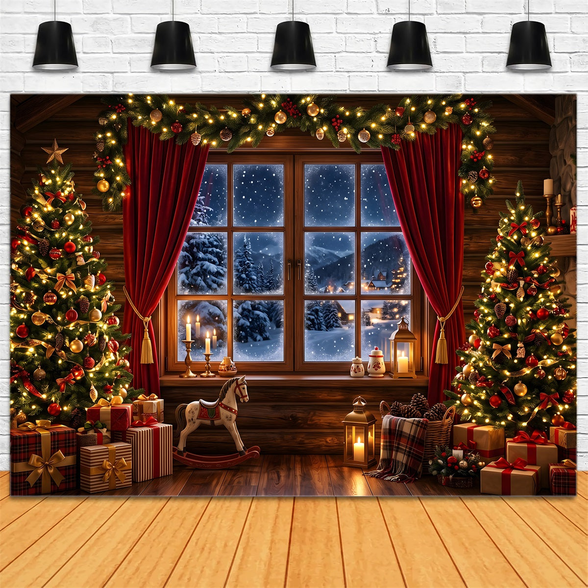 Christmas Photo Backdrops Cozy Cabin Snow Window Trees Christmas Backdrops For Pictures UK CEM65-75