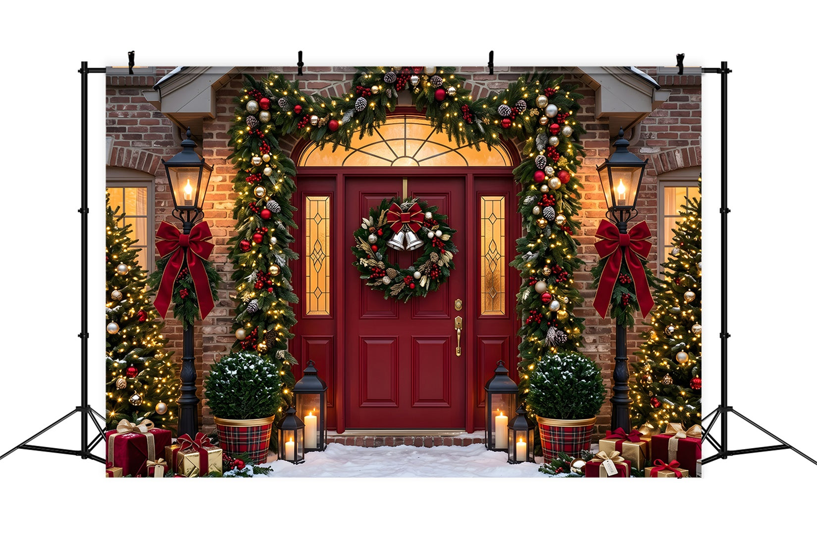 Merry Christmas Backdrop Burgundy Door Garland Lantern Porch Christmas Backdrop UK CEM65-76